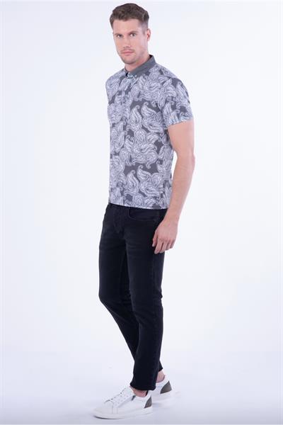 Slim Fit Pamuklu Karma Desenli Siyah Polo Yaka Tişört TS 805