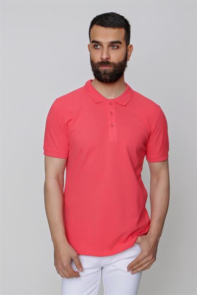 Slim Fit %100 Pamuk Düğmeli Mercan Polo Yaka Tişört Ts 829