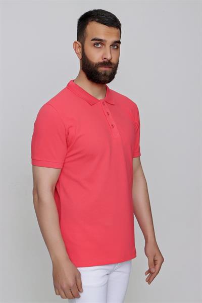 Slim Fit %100 Pamuk Düğmeli Mercan Polo Yaka Tişört Ts 829