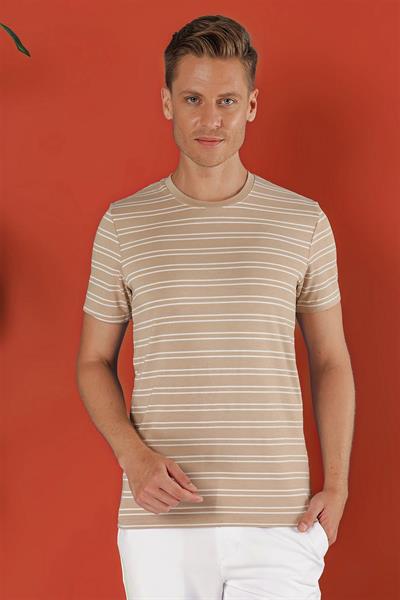 Slim Fit Bisiklet Yaka Çizgili Pamuklu Bej Tişört TS 851