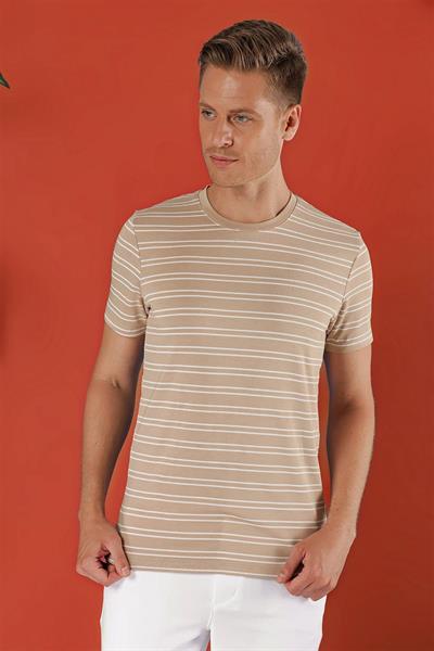 Slim Fit Bisiklet Yaka Çizgili Pamuklu Bej Tişört TS 851