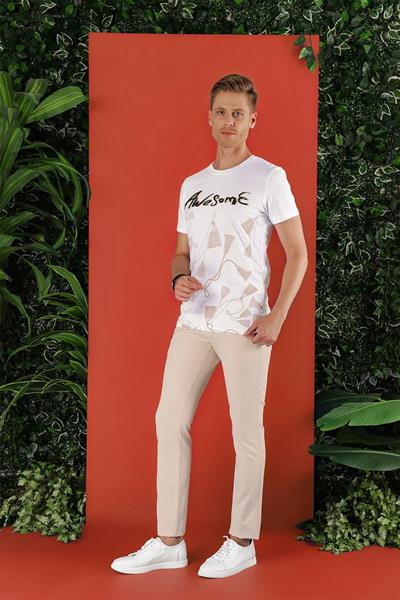 Slim Fit Bisiklet Yaka Baskılı Pamuklu Beyaz Tişört TS 856