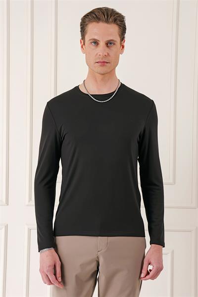 Slim Fit Esnek Pamuklu Uzun Kollu Acı Kahve Tişört Ts 870