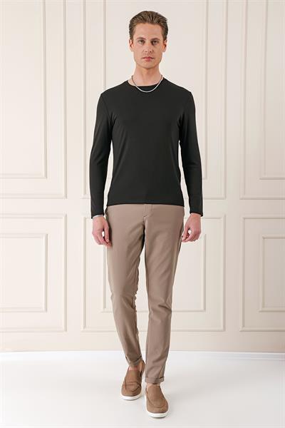 Slim Fit Esnek Pamuklu Uzun Kollu Acı Kahve Tişört Ts 870