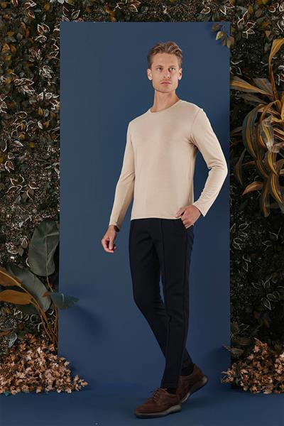 Slim Fit Esnek Pamuklu Uzun Kol Bej Tişört Ts 870