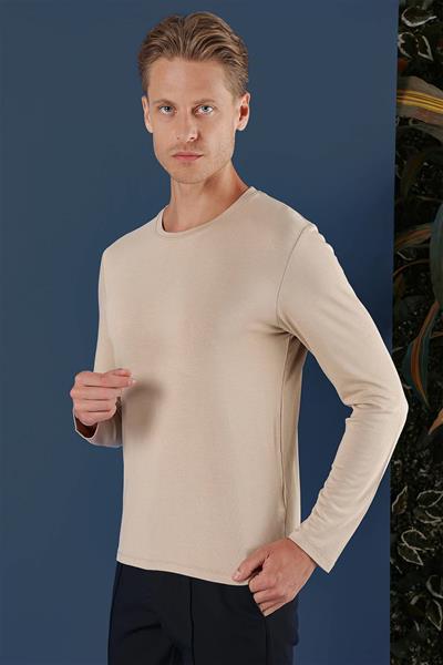 Slim Fit Esnek Pamuklu Uzun Kol Bej Tişört Ts 870