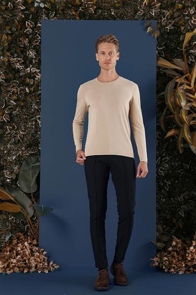 Slim Fit Esnek Pamuklu Uzun Kol Bej Tişört Ts 870