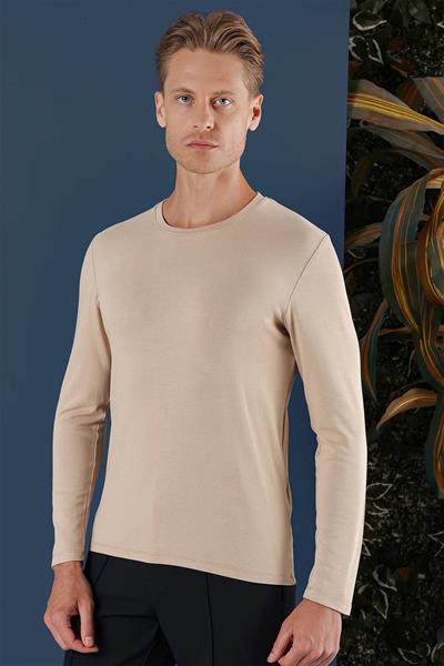 Slim Fit Esnek Pamuklu Uzun Kol Bej Tişört Ts 870
