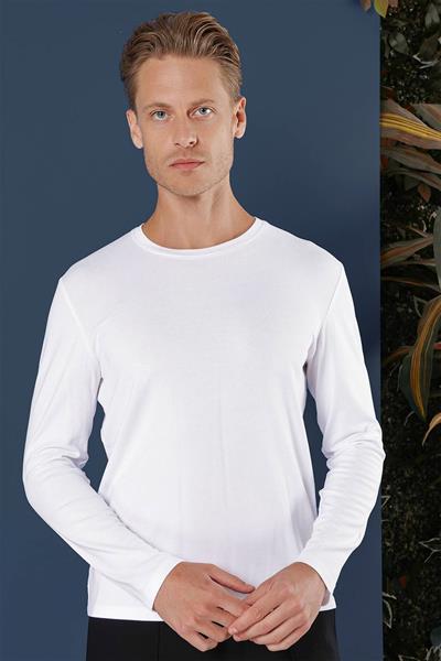 Slim Fit Esnek Pamuklu Uzun Kol Beyaz Tişört Ts 870