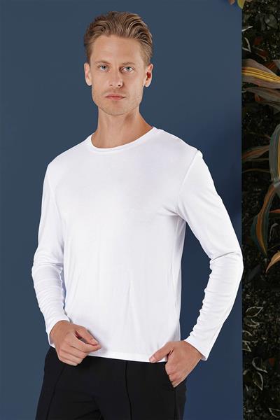 Slim Fit Esnek Pamuklu Uzun Kol Beyaz Tişört Ts 870