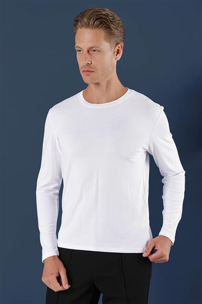 Slim Fit Esnek Pamuklu Uzun Kol Beyaz Tişört Ts 870