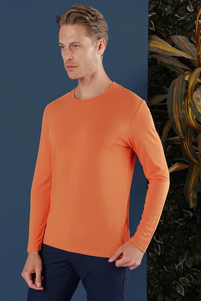 Slim Fit Esnek Pamuklu Uzun Kol Oranj Tişört Ts 870