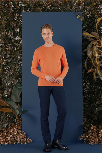 Slim Fit Esnek Pamuklu Uzun Kol Oranj Tişört Ts 870