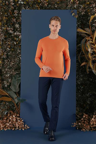 Slim Fit Esnek Pamuklu Uzun Kol Oranj Tişört Ts 870