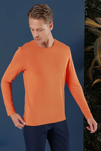 Slim Fit Esnek Pamuklu Uzun Kol Oranj Tişört Ts 870