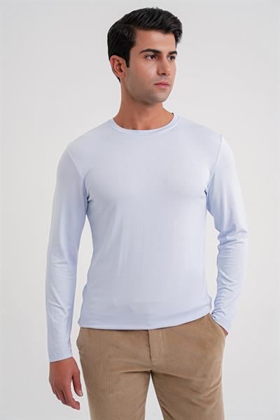 Slim Fit Esnek Pamuklu Uzun Kol Buz Mavi Tişört Ts 870