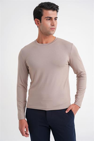Slim Fit Esnek Pamuklu Uzun Kol Vizon Tişört Ts 870