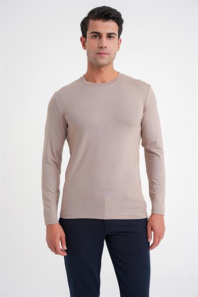 Slim Fit Esnek Pamuklu Uzun Kol Vizon Tişört Ts 870