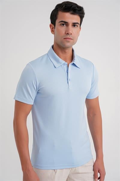 Comfort Fit Esnek Pamuk Düğmeli Mavi Polo Yaka Tişört Ts 886