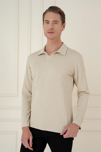Comfort Fit Esnek Pamuklu Gofre Kumaş Bej Apaş Yaka Tişört Ts 890
