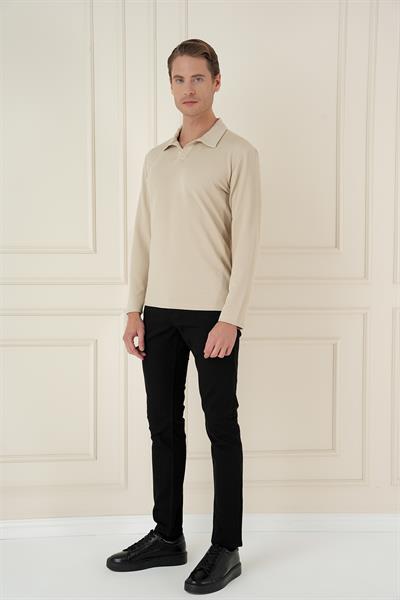 Comfort Fit Esnek Pamuklu Gofre Kumaş Bej Apaş Yaka Tişört Ts 890