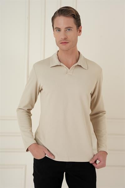 Comfort Fit Esnek Pamuklu Gofre Kumaş Bej Apaş Yaka Tişört Ts 890