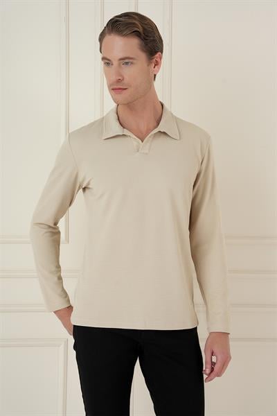 Comfort Fit Esnek Pamuklu Gofre Kumaş Bej Apaş Yaka Tişört Ts 890