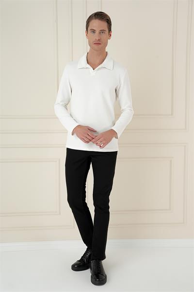 Comfort Fit Esnek Pamuklu Gofre Kumaş Ekru Apaş Yaka Tişört Ts 890