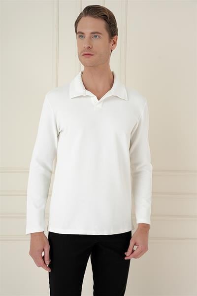 Comfort Fit Esnek Pamuklu Gofre Kumaş Ekru Apaş Yaka Tişört Ts 890