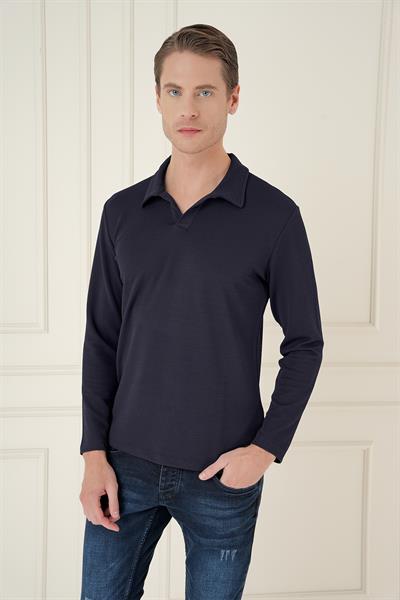 Comfort Fit Esnek Pamuklu Gofre Kumaş Lacivert Apaş Yaka Tişört Ts 890