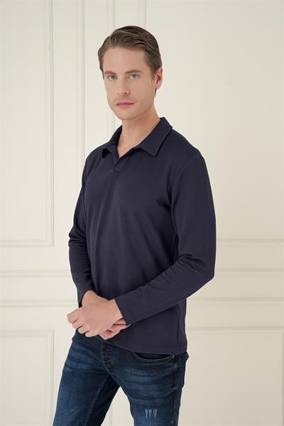 Comfort Fit Esnek Pamuklu Gofre Kumaş Lacivert Apaş Yaka Tişört Ts 890