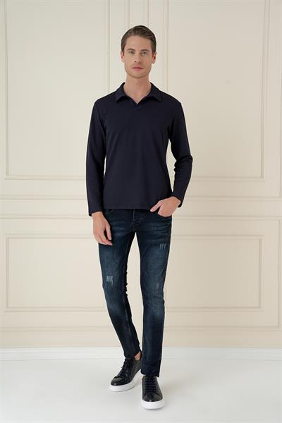 Comfort Fit Esnek Pamuklu Gofre Kumaş Lacivert Apaş Yaka Tişört Ts 890