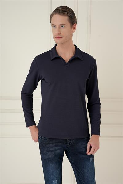 Comfort Fit Esnek Pamuklu Gofre Kumaş Lacivert Apaş Yaka Tişört Ts 890