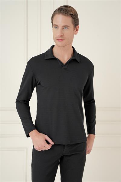 Comfort Fit Esnek Pamuklu Gofre Kumaş Siyah Apaş Yaka Tişört Ts 890