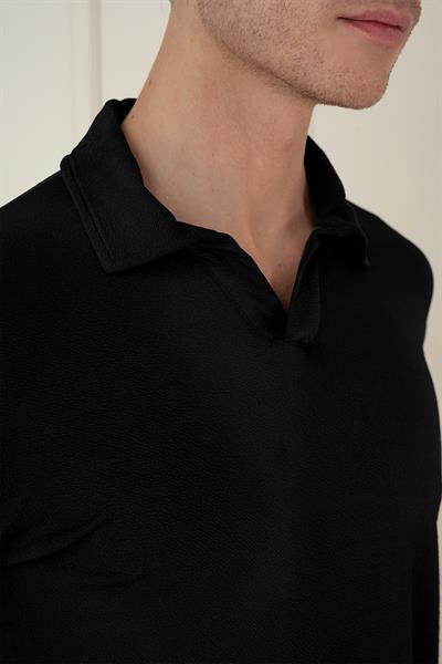 Comfort Fit Esnek Pamuklu Gofre Kumaş Siyah Apaş Yaka Tişört Ts 890