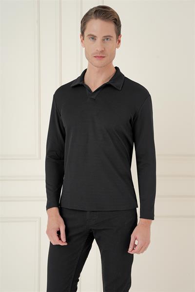 Comfort Fit Esnek Pamuklu Gofre Kumaş Siyah Apaş Yaka Tişört Ts 890