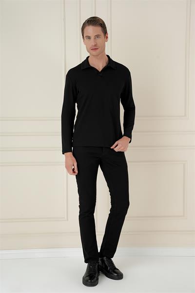 Comfort Fit Esnek Pamuklu Gofre Kumaş Siyah Apaş Yaka Tişört Ts 890