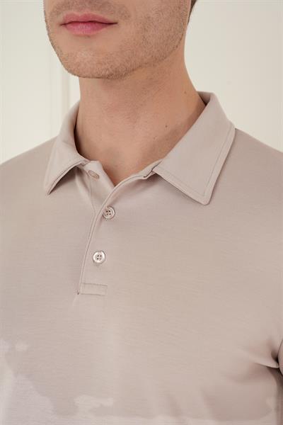 Slim Fit Pamuklu Uzun Kollu Düğmeli Bej Polo Yaka Tişört TS 893