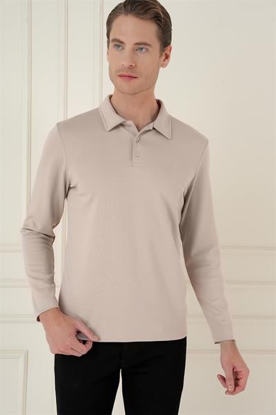 Slim Fit Pamuklu Uzun Kollu Düğmeli Bej Polo Yaka Tişört TS 893