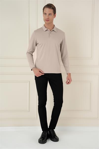 Slim Fit Pamuklu Uzun Kollu Düğmeli Bej Polo Yaka Tişört TS 893