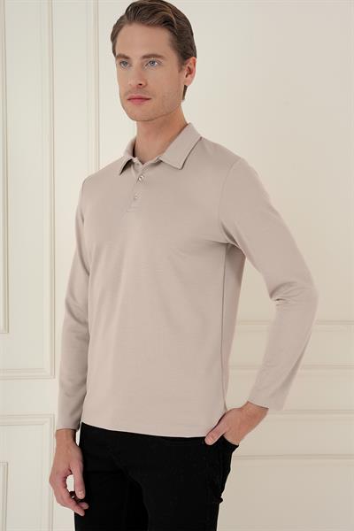 Slim Fit Pamuklu Uzun Kollu Düğmeli Bej Polo Yaka Tişört TS 893
