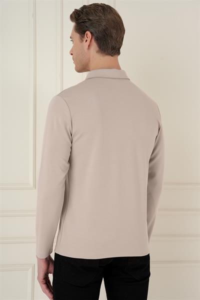 Slim Fit Pamuklu Uzun Kollu Düğmeli Bej Polo Yaka Tişört TS 893