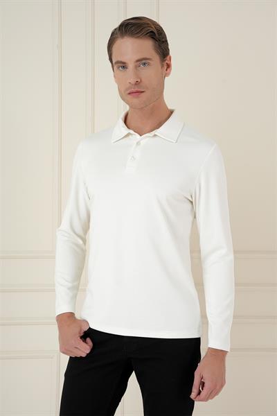 Slim Fit Pamuklu Uzun Kollu Düğmeli Ekru Polo Yaka Tişört TS 893