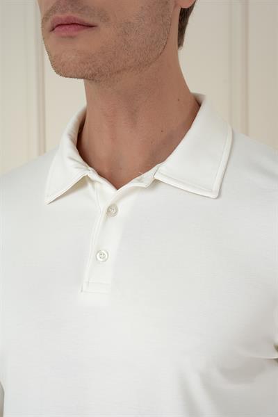 Slim Fit Pamuklu Uzun Kollu Düğmeli Ekru Polo Yaka Tişört TS 893
