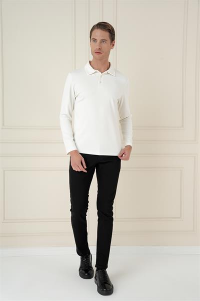 Slim Fit Pamuklu Uzun Kollu Düğmeli Ekru Polo Yaka Tişört TS 893