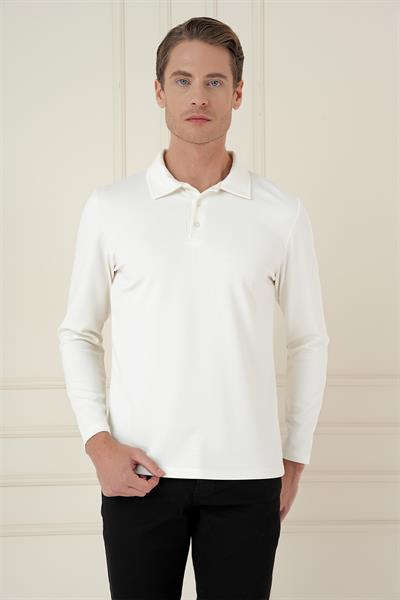 Slim Fit Pamuklu Uzun Kollu Düğmeli Ekru Polo Yaka Tişört TS 893