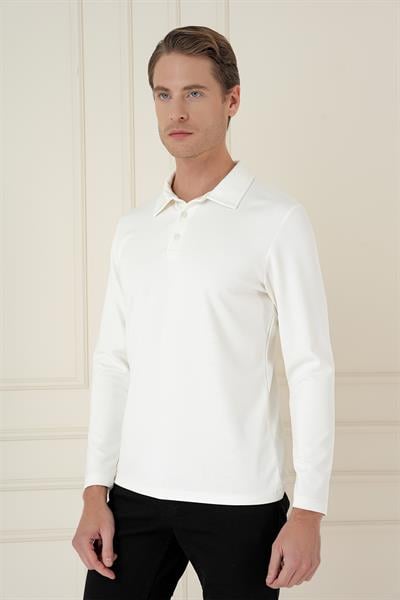 Slim Fit Pamuklu Uzun Kollu Düğmeli Ekru Polo Yaka Tişört TS 893