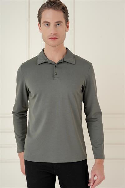 Slim Fit Pamuklu Uzun Kollu Düğmeli Haki Polo Yaka Tişört TS 893