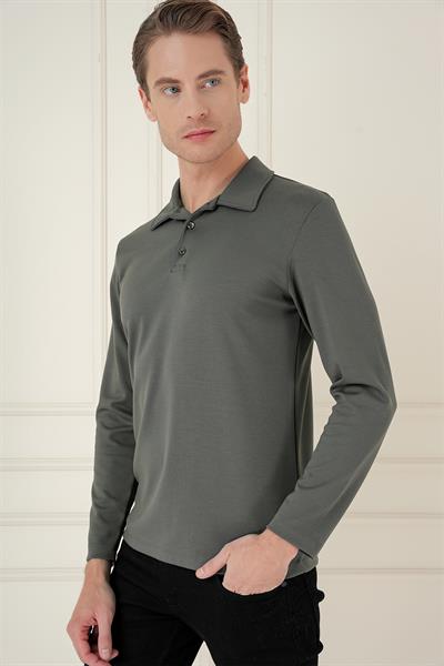 Slim Fit Pamuklu Uzun Kollu Düğmeli Haki Polo Yaka Tişört TS 893