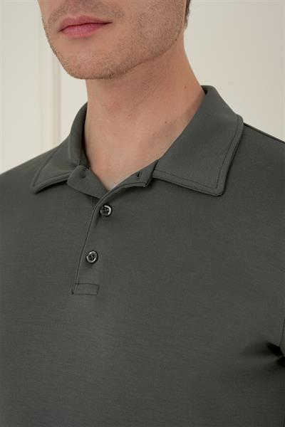Slim Fit Pamuklu Uzun Kollu Düğmeli Haki Polo Yaka Tişört TS 893